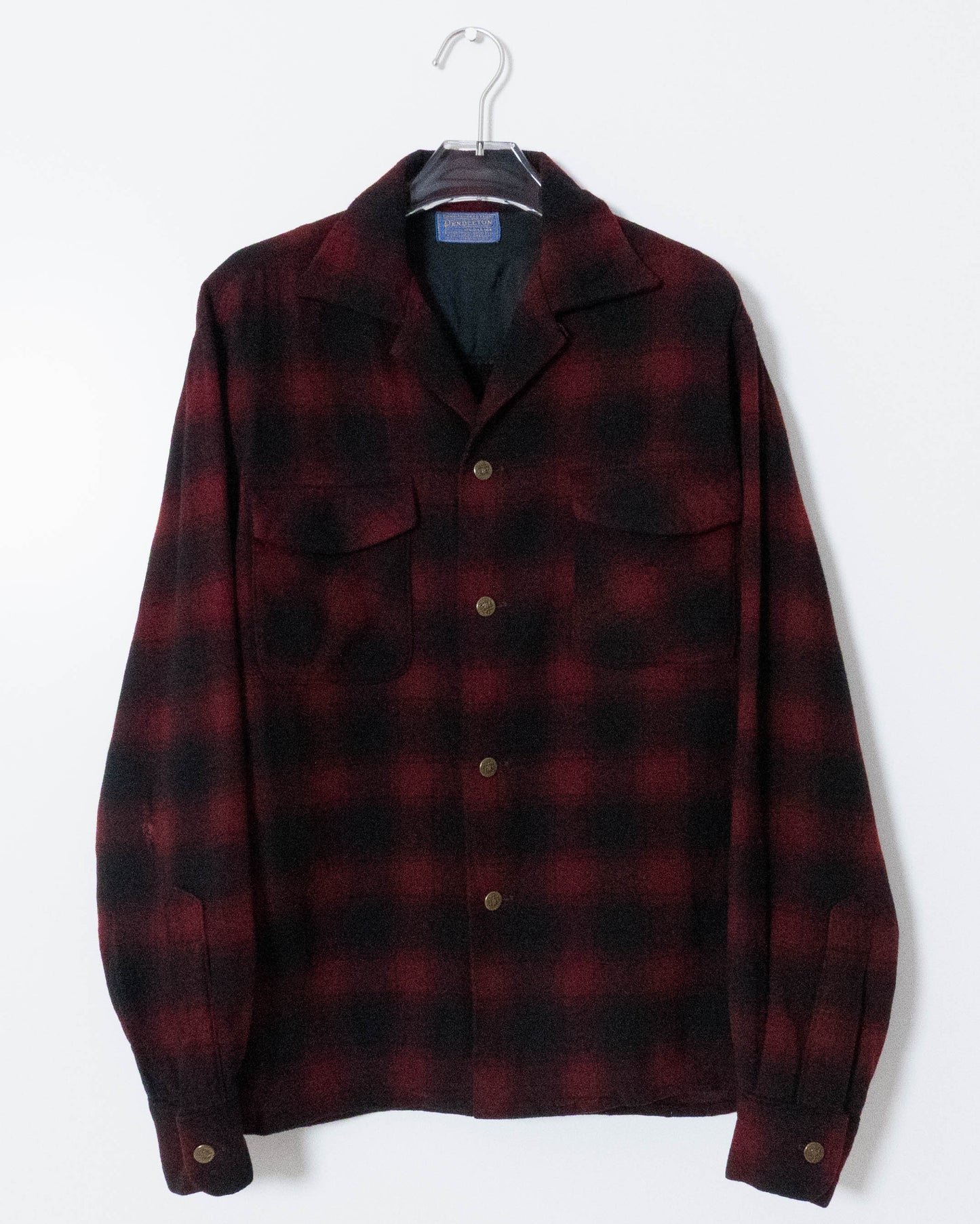 Vintage "PENDLETON" Shadow Plaid Open Collar Wool Shirt