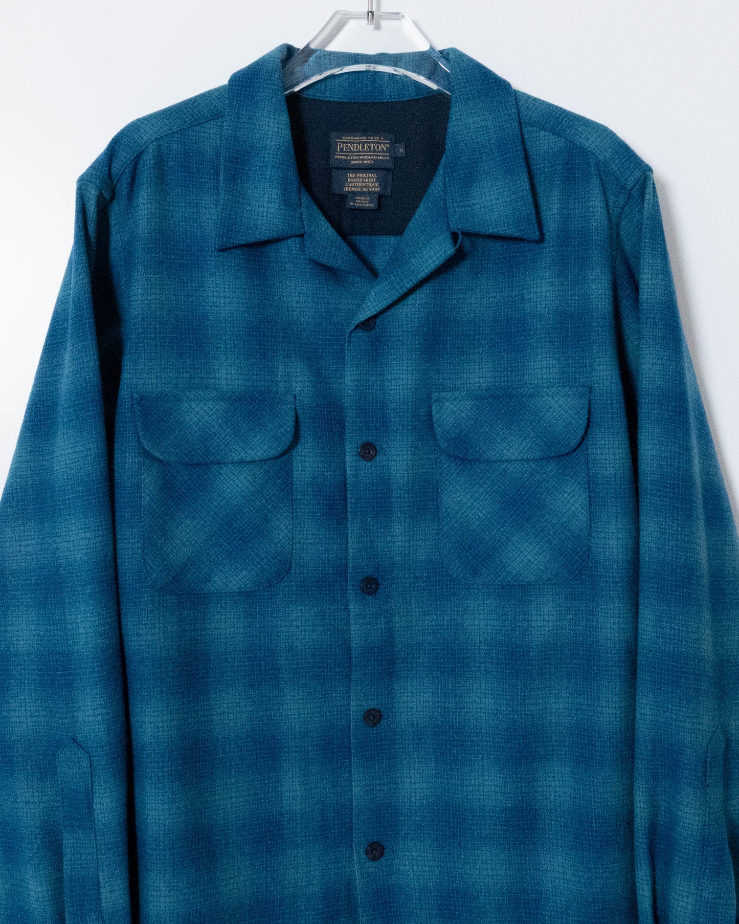 "PENDLETON" shadow plaid open collar wool shirt