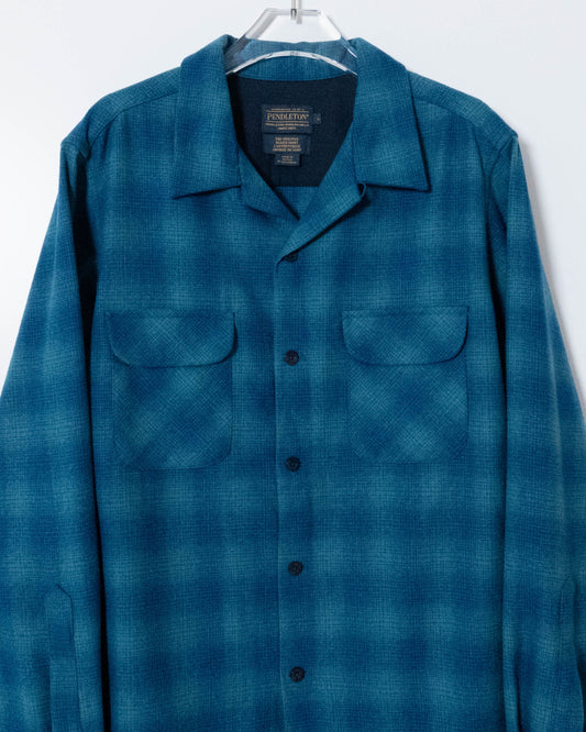 "PENDLETON" shadow plaid open collar wool shirt